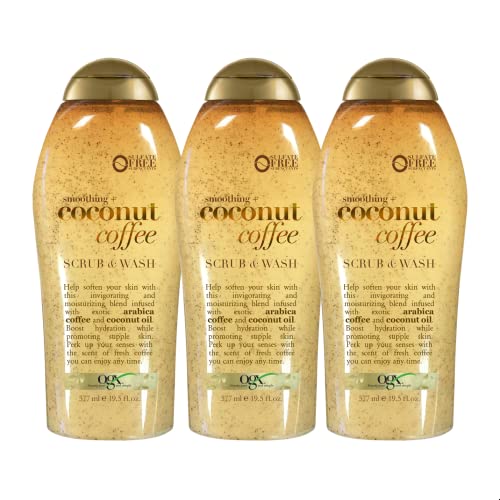 OGX Smoothing + Coconut Coffee Exfoliating Body Scrub with Arabica Coffee & Coconut Oil, Moisturizing Body Wash for Dry Skin, Paraben-Free with Sulfate-Free Surfactants, 19.5 Fl Oz (pack of 3)