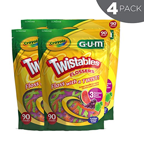 GUM Twistables Kids Flossers with Fluoride - Designed for Little Hands - Three Fun Fruit Flavors - Easy to Use Kids Floss Picks for Children Ages 3+, 90 Count (Pack of 4)