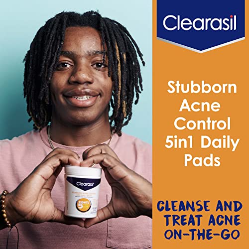 Clearasil Stubborn Acne Control 5in1 Daily Facial Cleansing Pads, with Salicylic Acid Acne Treatment Medicine, 90 Count