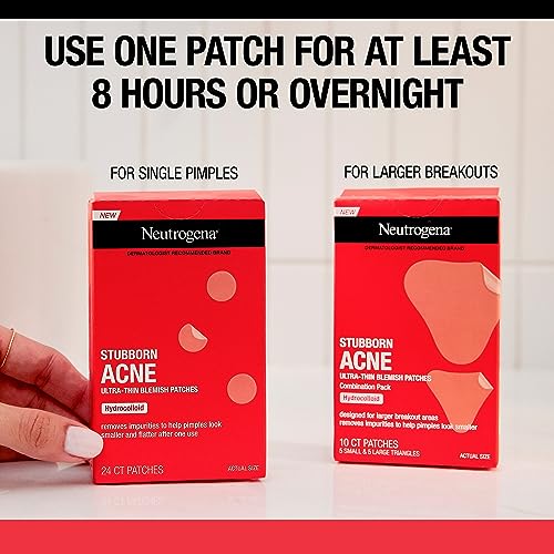 Neutrogena Stubborn Acne Blemish Patches, Ultra-Thin Hydrocolloid Acne Patch Absorbs Fluids & Removes Impurities To Help Pimples Look Smaller After One Use, 2 x 24 Patches, (48 Patches)