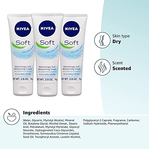 NIVEA Soft, Refreshingly Soft Moisturizing Cream, Body Cream, Face Cream, and Hand Cream, 3 Pack of 2.6 Oz Tubes