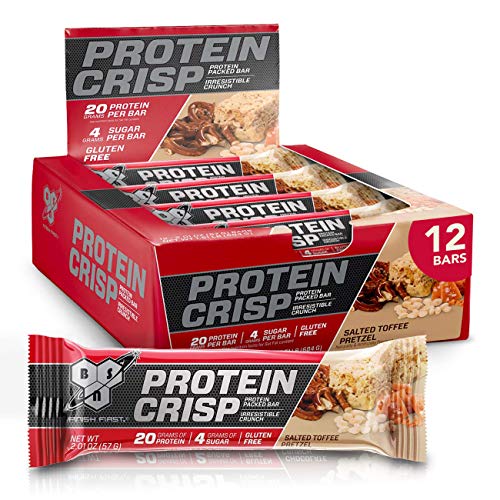 BSN Protein Bars - Protein Crisp Bar by Syntha-6, Whey Protein, 20g of Protein, Gluten Free, Low Sugar, Salted Toffee Pretzel, 12 Count