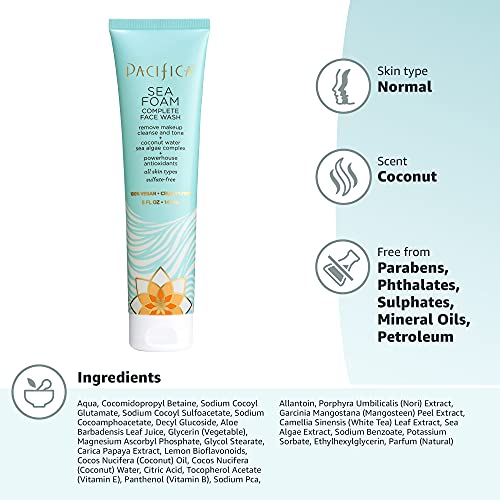 Pacifica Beauty, Sea Foam Face Wash, Daily Gentle Foaming Cleanser, With Coconut Water + Sea Algae Complex, Removes Makeup, For Combination and Oily Skin, Clean Skin Care, Vegan & Cruelty Free