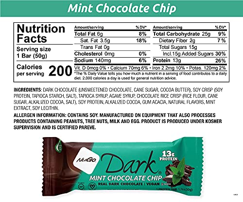 NuGo Dark Mint Chocolate Chip, 13g Vegan Protein, 200 Calorie, Gluten Free, 24 Count