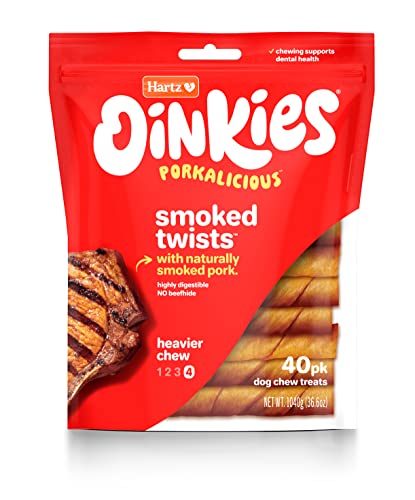 Hartz Oinkies Porkalicious Smoked Pig Skin Chicken Jerky Twists Dog Treats, 32 Count