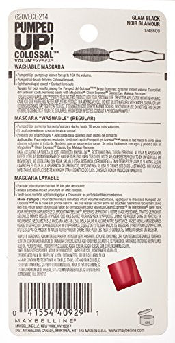 Maybelline New York Volum Express Pumped Up Colossal Mascara, Washable Formula Infused with Collagen for Up To 16x Lash Volume, Glam Black, 1 Count