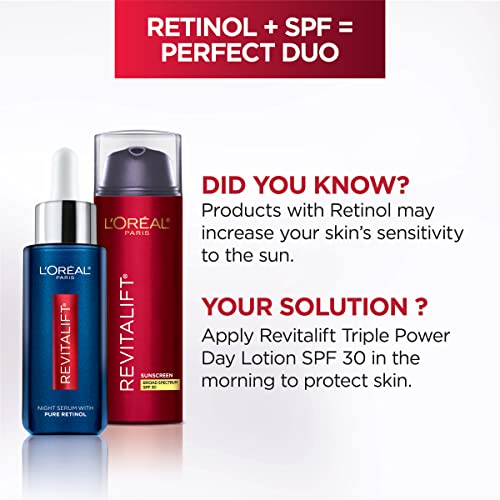 LOreal Paris Revitalift 0.3% Pure Retinol Night Serum, Reduce Deep Wrinkles, Fragrance Free 1 oz + Moisturizer Sample