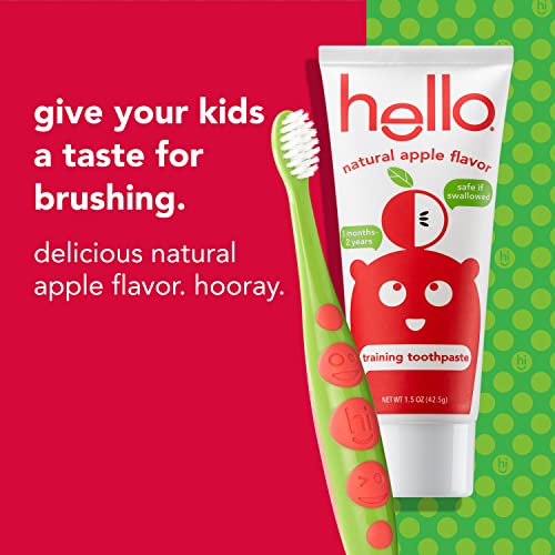 hello Natural Apple Flavored Training Toothpaste and Toddler Bundle, for Kids Age 2 Months to 3 Years, Safe to Swallow for Baby and Infants, Vegan, SLS Free, Gluten Free 4 Piece Set(Pack of 2)