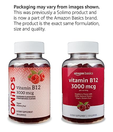 Amazon Basics Vitamin B12 3000 mcg Gummies, Normal Energy Production and Metabolism, Immune System Support, Raspberry, 200 Count (2 Packs of 100), 2 per serving