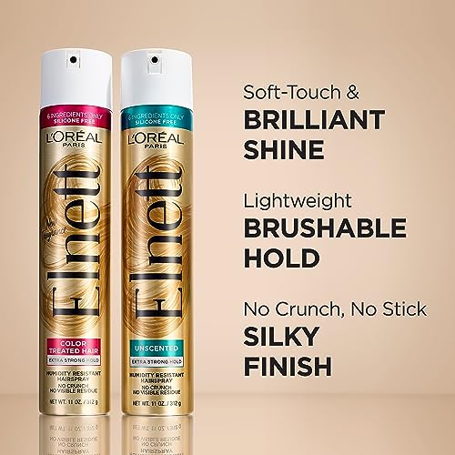 L'Oreal Paris Hair Care Elnett Satin Extra Strong Hold Hairspray - Unscented, Long Lasting + Humidity Resistant, Hair Styling Spray, 11 oz, (Pack of 2)