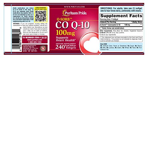 Puritans Pride CoQ10 100mg, Supports Heart Health, 240 Rapid Release Softgels