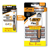 BIC Flex 5 Hybrid Disposable Razors for Men, 1 Handle and 6 Cartridges With 5 Blades, 7 Piece Razor Set for Men