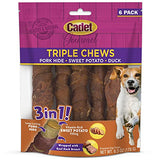 Cadet Gourmet Triple Chews Pork Hide, Sweet Potato, & Duck Dog Treats - Healthy Dog Treats for Small & Large Dogs - Inspected & Tested in USA (6 Count)