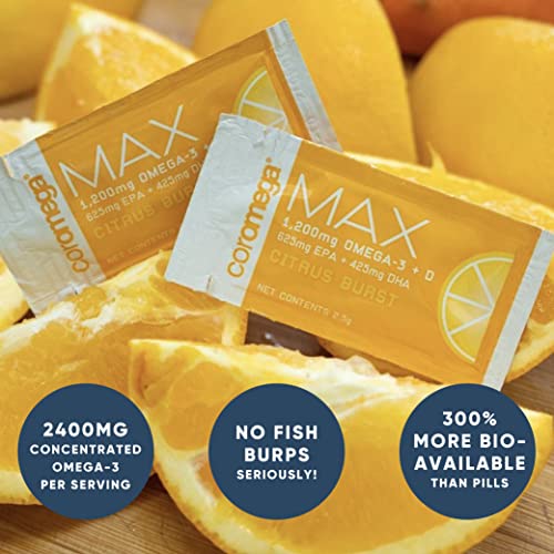 Coromega MAX High Concentrate Omega 3 Fish Oil, 2400mg Omega-3s with 3X Better Absorption Than Softgels, 30 Single Serve Packets, Citrus Burst Flavor; Anti Inflammatory Supplement with Vitamin D