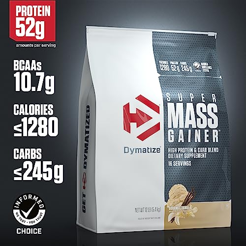 Dymatize Super Mass Gainer Protein Powder, 1280 Calories & 52g Protein, 10.7g BCAAs, Mixes Easily, Tastes Delicious, Rich Chocolate, 12 lbs