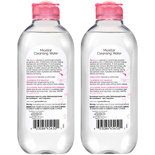 Garnier SkinActive Micellar Water for All Skin Types, Facial Cleanser & Makeup Remover, 13.5 Fl Oz (400mL), 2 Count (Packaging May Vary)