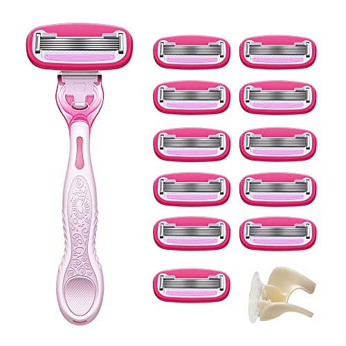 Amazon Basics Women's 5 Blade FITS Razor, Fits Amazon Basics and Venus Handles, Includes 1 FITS Handle, 12 Cartridges & 1 Shower Hanger, Pink