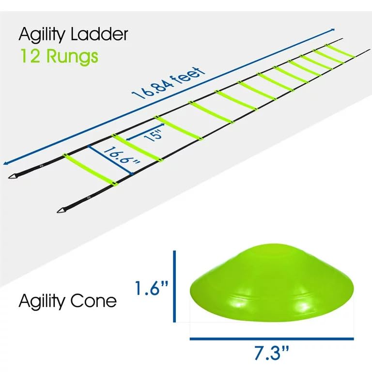 Yes4All Ultimate Combo Agility Ladder Training (Lime) Set – Speed Agility Ladder Lime 12 Adjustable Rungs, 12 Agility Cones & 4 Steel Stakes - Included Carry Bag