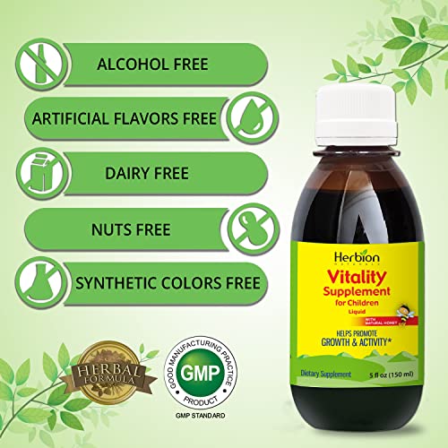 Herbion Naturals Vitality Supplement Syrup for Children, Promotes Growth and Appetite, Relieves Fatigue, Improves Mental and Physical Performance, Boosts Energy, 5 FL Oz - For Kids of 1 Year and Above