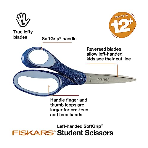 Fiskars 7 SoftGrip Left-Handed Student Glitter Scissors for Kids 12+ - Left-Handed Scissors for School or Crafting - Back to School Supplies - Blue