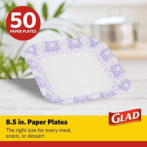 Glad Square Disposable Paper Plates for All Occasions | Soak Proof, Cut Proof, Microwaveable Heavy Duty Disposable Plates | 8.5 Diameter, 50 Count Bulk Paper Plates,Purple