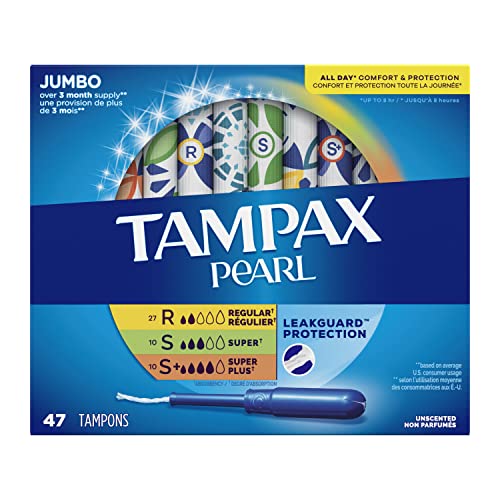 Tampax Pearl Tampons Multi Pack, with LeakGuard Braid, Regular/Super/Super Plus Absorbency, Unscented, 47 Count