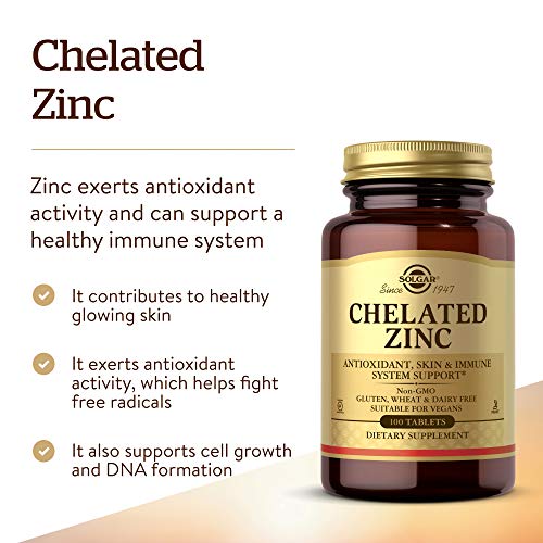 Solgar Chelated Zinc, 250 Tablets - Zinc for Healthy Skin - Supports Cell Growth & DNA Formation - Exerts Antioxidant Activity - Supports A Healthy Immune System - Non GMO, Vegan - 250 Servings