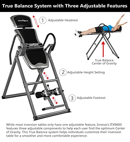 INNOVA HEALTH AND FITNESS ITX9600 Heavy Duty Inversion Table, Standard Ankle Holding System, 300 lb Weight Capacity,Grey/Black