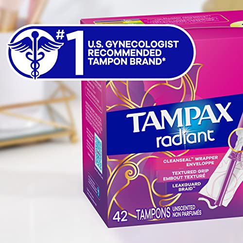 Tampax Pocket Radiant Compact Tampons Multi Pack, Regular/Super Absorbency with BPA-Free Plastic Applicator and LeakGuard Braid, Unscented, 28 Count x 3 Packs (84 count total)