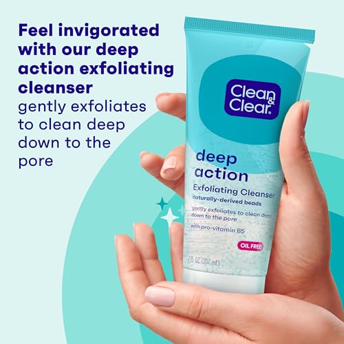 Clean & Clear Oil-Free Deep Action Exfoliating Facial Scrub, Cooling Daily Face Wash With Exfoliating Beads for Smooth Skin, Cleanses Deep Down to the Pores to Remove Dirt, Oil & Makeup, 7 oz