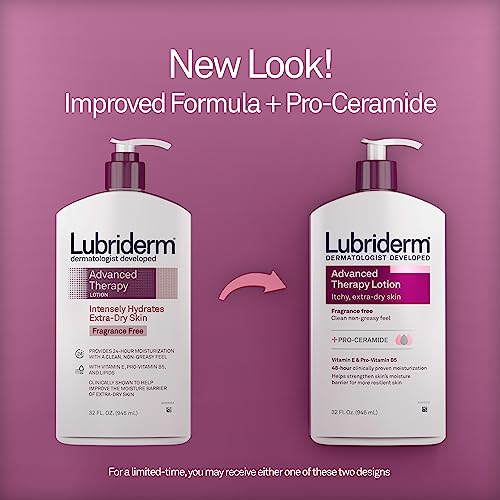 Lubriderm Advanced Therapy Fragrance Free Moisturizing Hand & Body Lotion + Pro-Ceramide with Vitamins E & Pro-Vitamin B5, Intense Hydration for Itchy, Extra Dry Skin, Non-Greasy, 32 fl. oz