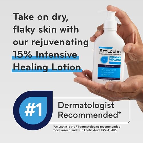 AmLactin Intensive Healing Body Lotion for Dry Skin – 14.1 oz Pump Bottle – 2-in-1 Exfoliator & Moisturizer with Ceramides & 15% Lactic Acid for Relief from Dry Skin (Packaging May Vary)