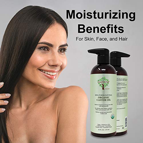 MOUNTAIN TOP Castor Oil (16oz / 473ml) USDA Organic 100% Pure, Cold Pressed, Unrefined, Premium Grade Moisturizer for Lashes, Brows, Skin & Hair - Promotes Thicker Eyebrows, Eyelashes & Healthier Skin