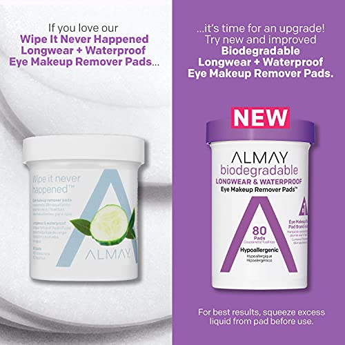 Eye Makeup Remover Pads by Almay, Biodegradable Longwear & Waterproof, Hypoallergenic, Cruelty Free-Fragrance Free Cleansing Wipes, 80 Pads (Pack of 1)