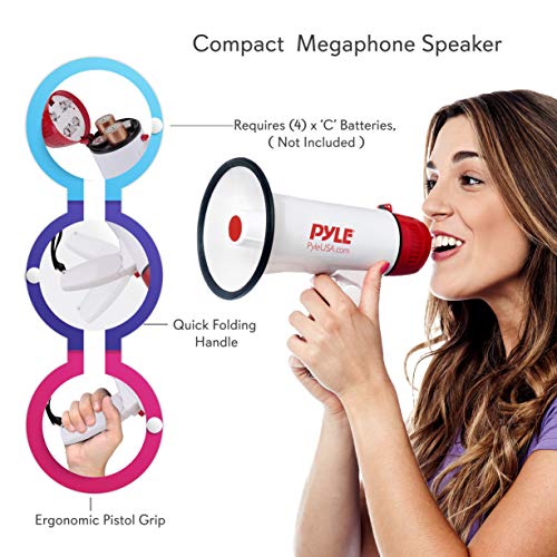 Pyle Megaphone Speaker PA Bullhorn - 20 Watts & Adjustable Vol Control w/ Built-in Siren & 800 Yard Range for Football, Baseball, Hockey, Cheerleading Fans & Coaches or for Safety Drills - PMP20