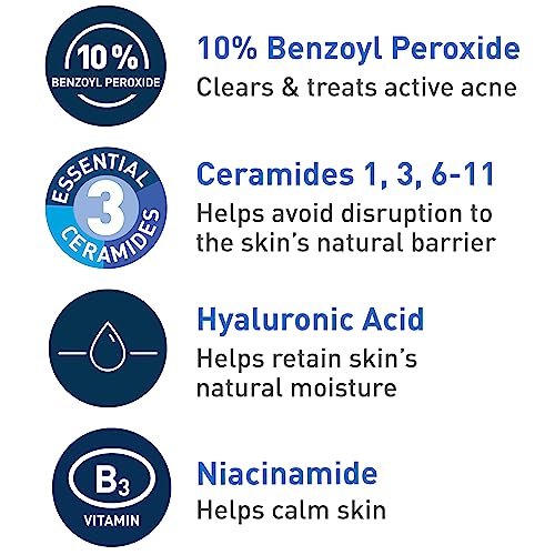 CeraVe Acne Foaming Cream Wash | Face and Body Acne Wash with Benzoyl Peroxide 10% Maximum Strength | Fragrance Free | 5 Oz