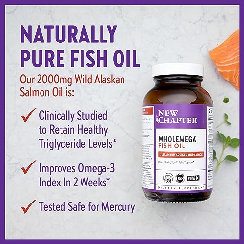 New Chapter Wholemega Fish Oil Supplement - Wild Alaskan Salmon Oil with Omega-3 + Vitamin D3 + Astaxanthin + Sustainably Caught - 120 ct, 1000mg Softgels