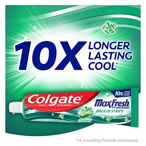 Colgate Max Fresh Whitening Toothpaste with Mini Strips, Clean Mint Toothpaste for Bad Breath, Helps Fight Cavities, Whitens Teeth, and Freshens Breath, 4 Pack, 6.3 Oz Tubes