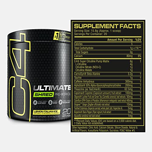 Cellucor C4 Ultimate Shred Pre Workout Powder, Fat Burner for Men & Women, Metabolism Supplement with Ginger Root Extract, Lemon Italian Ice, 20 Servings