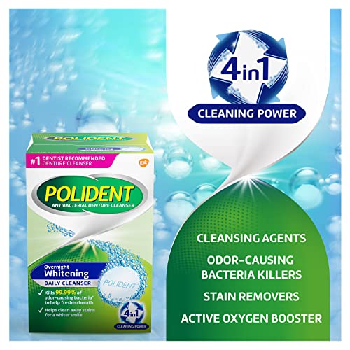 Polident Overnight Whitening Antibacterial Denture Cleanser Effervescent Tablets, 120 count