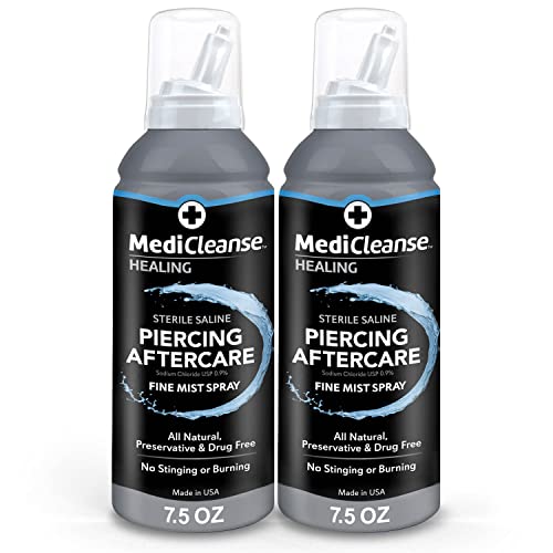 MediCleanse Sterile Saline Piercing Fine Mist Spray 7.5 Ounce, Pack of 2, All Natural, No Alcohol, Vegan Friendly, for Piercings and Tattoos - Made in USA