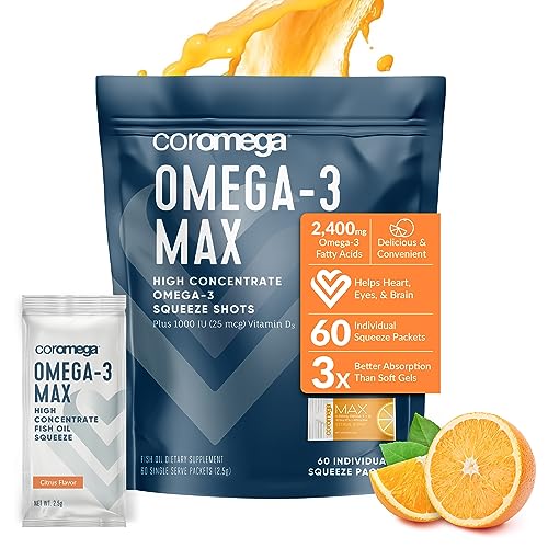 Coromega MAX High Concentrate Omega 3 Fish Oil, 2400mg Omega-3s with 3X Better Absorption Than Softgels, 30 Single Serve Packets, Citrus Burst Flavor; Anti Inflammatory Supplement with Vitamin D