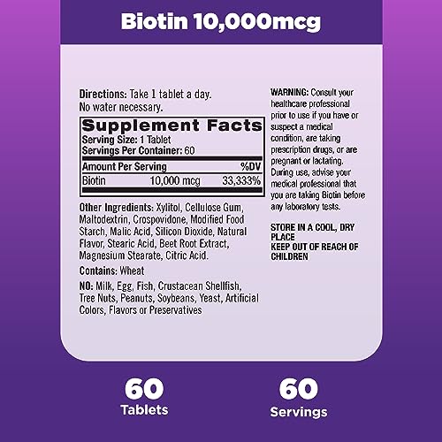 Natrol Beauty Biotin 10000mcg, Dietary Supplement for Healthy Hair, Skin, Nails and Energy Metabolism, 60 Strawberry-Flavored Fast Dissolve Tablets, 60 Day Supply