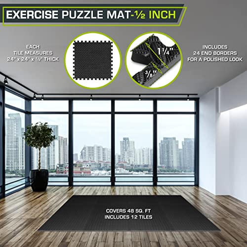 ProsourceFit Exercise Puzzle Mat ½ inch, 24 SQ FT, 6 Tiles, EVA Foam Interlocking Tiles Protective and Cushion Flooring for Gym Equipment, Exercise and Play Area, Black