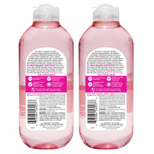 Garnier SkinActive Micellar Water with Rose Water and Glycerin, Facial Cleanser & Makeup Remover, All-in-1 Hydrating, 13.5 Fl Oz (400mL), 2 Count (Packaging May Vary)