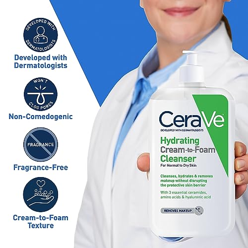 CeraVe Hydrating Cream-to-Foam Cleanser | Hydrating Makeup Remover and Face Wash With Hyaluronic Acid | Fragrance Free Non-Comedogenic | 19 Fluid Ounce