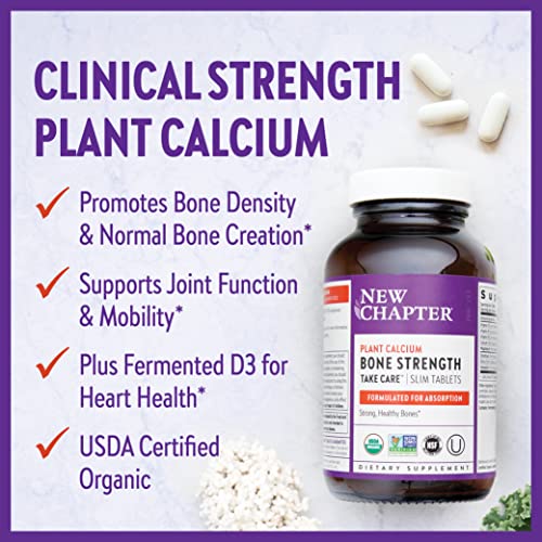 New Chapter Calcium Supplement - Bone Strength Organic Red Marine Algae Calcium - with Vitamin D3+K2 + Magnesium, 70+ Trace Minerals for Bone Health, Gluten Free, Easy to Swallow - 120 Slim Tablets