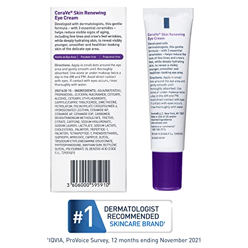 CeraVe Eye Cream for Wrinkles | Under Eye Cream with Caffeine, Peptides, Hyaluronic Acid, Niacinamide, and Ceramides for Fine Lines | Fragrance Free & Ophthalmologist Tested |0.5 Ounces