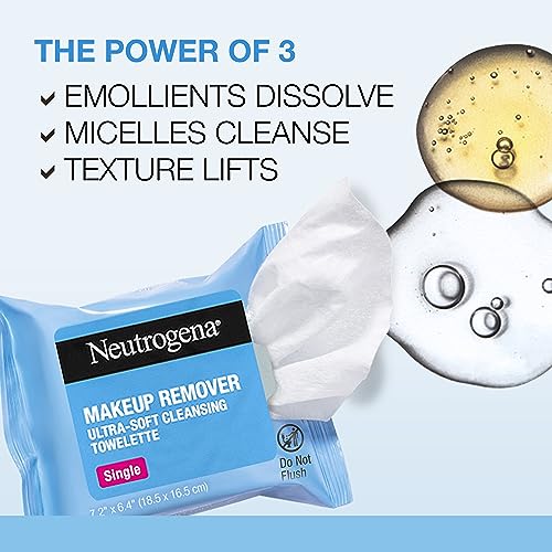 Neutrogena Fragrance-Free Makeup Remover Cleansing Towelette Singles, Individually-Wrapped Daily Face Wipes to Remove Dirt, Oil, Makeup & Waterproof Mascara for Travel & On-the-Go, 20 ct (Pack of 6)