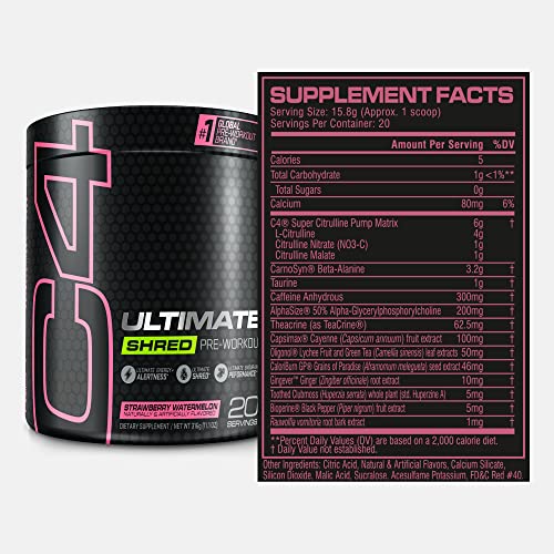 Cellucor C4 Ultimate Shred Pre Workout Powder, Fat Burner for Men & Women, Metabolism Supplement with Ginger Root Extract, Lemon Italian Ice, 20 Servings